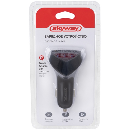 Зарядное устройство (адаптер) 12/24V 20W USBx3 (QC) треугольный SKYWAY черный